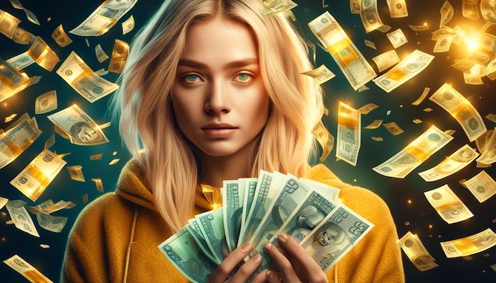 Jeune femme blonde qui tient des billets de banque en étant prête à acheter dans la boutique Fantasticarama