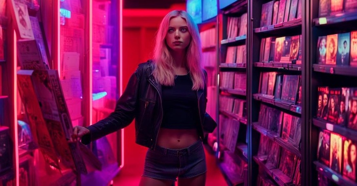 Jeune femme blonde qui entre dans un vidéo-club au début des années 80