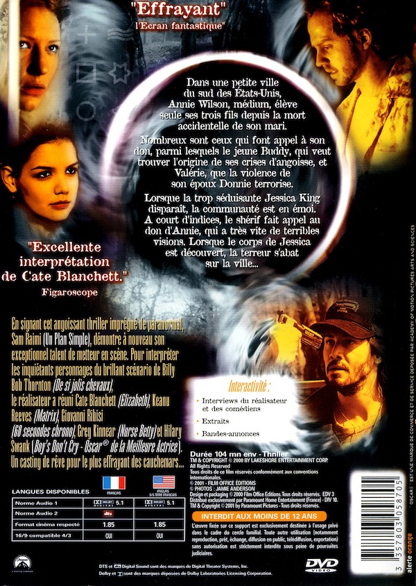 Intuitions | DVD du film de 2001 réalisé par Sam Raimi avec Cate Blanchett, Keanu Reeves, Katie Holmes, Hilary Swank, Kim Dickens | Verso de la jaquette