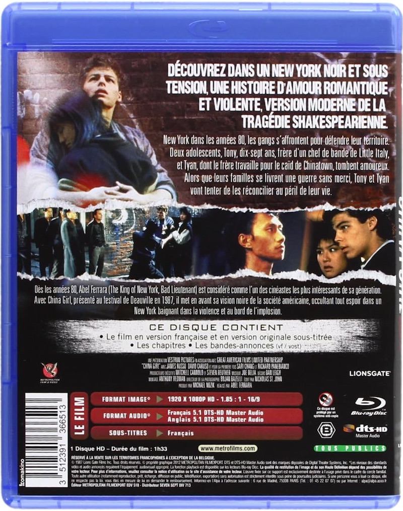 China Girl | Blu-ray neuf du film réalisé par Abel Ferrara en 1987 avec Sari Chang, Richard Panebianco, James Russo, David Caruso | Dos du boitier Blu-ray avec les informations sur le film