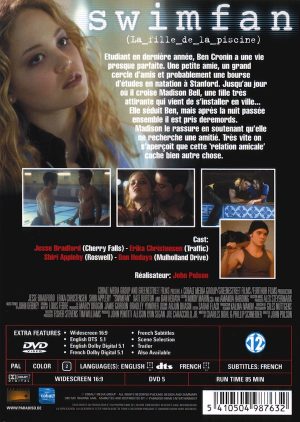 Verso de la jaquette du DVD du film Swimfan la fille de la piscine en version intégrale non censurée avec en bonus la bande-annonce originale