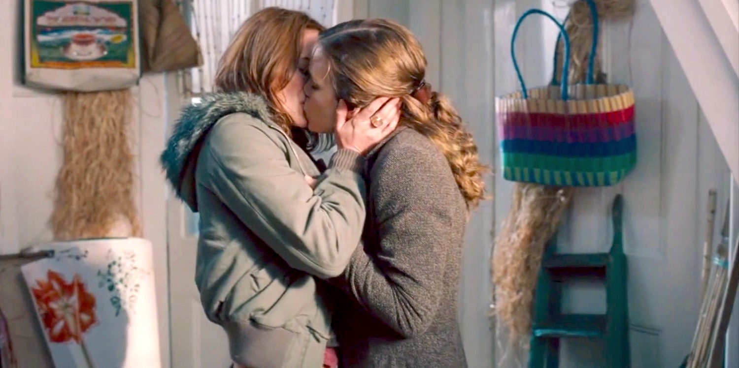 Luce et Rachel incarnées par Lena Headey et Piper Perabo s'embrassent fougueusement en ayant accepté la puissance de leur amour entre femmes dans le film romantique britannique Imagine Me & You sorti en 2006